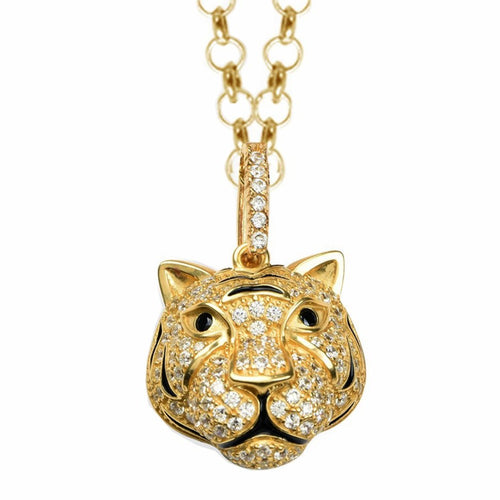 Tiger Long Necklace in 18K Gold Plated Sterling Silver with Black Enamel and Cubic Zirconia, Misis - rockthatjewel