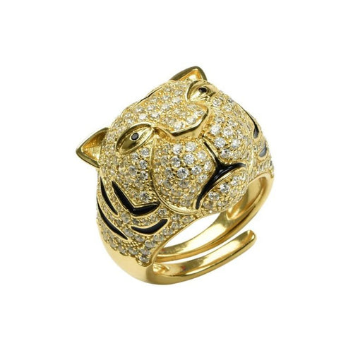 Tiger Ring in 18K Gold Plated Sterling Silver with Black Enamel and Cubic Zirconia, Misis - rockthatjewel