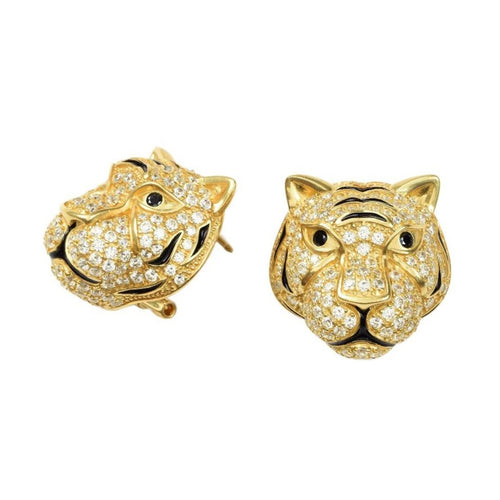 Tiger Stud Earrings in 18K Gold Plated Sterling Silver with Black Enamel and Cubic Zirconia, Misis - rockthatjewel