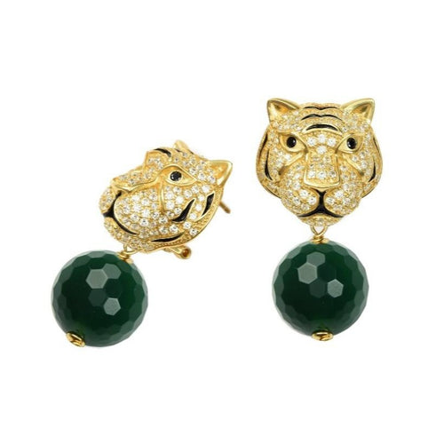 Tiger Earrings in 18K Gold Plated Sterling Silver with Green Agate and Cubic Zirconia, Misis - rockthatjewel