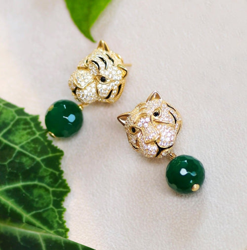 Tiger Earrings in 18K Gold Plated Sterling Silver with Green Agate and Cubic Zirconia, Misis - rockthatjewel