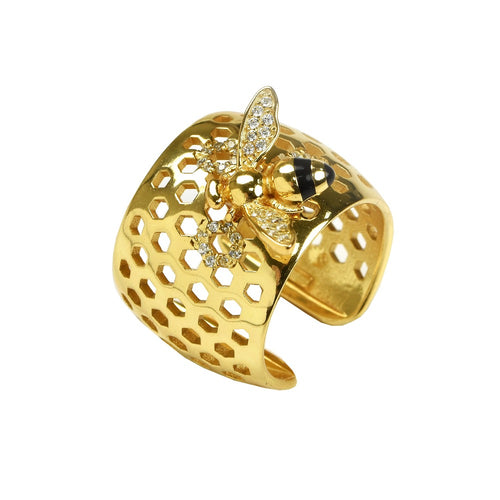 Honey Bee Ring in 18K Gold Plated Sterling Silver with Cubic Zirconia and Enamel, Misis - rockthatjewel